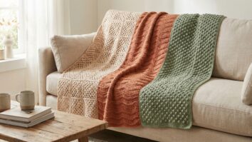 Manta de croche artesanal com tres secoes em cores diferentes sobre sofa em sala de estar aconchegante com luz natural e decoracao neutra