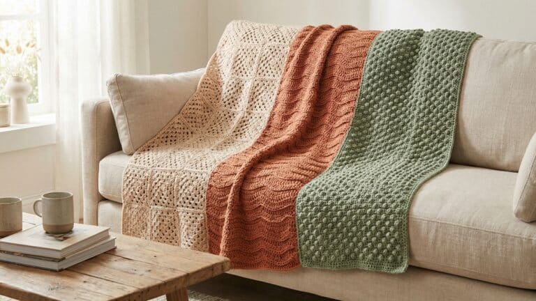 Manta de croche artesanal com tres secoes em cores diferentes sobre sofa em sala de estar aconchegante com luz natural e decoracao neutra