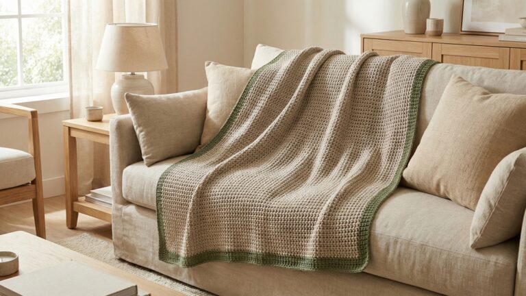 Sala de estar com manta de croche tunisiano artesanal em bege e verde musgo sobre sofa neutro com almofadas