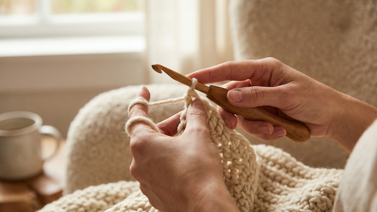 Maos habilidosas tecendo croche com tecnica ergonomica e pontos perfeitos em fio bege com luz natural suave