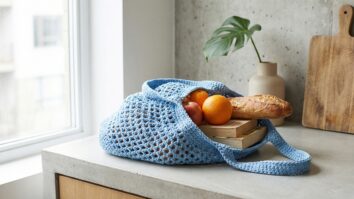Market bag de croche artesanal em azul com trama vazada contendo frutas frescas e livros sobre superficie neutra em ambiente urbano minimalista com luz natural