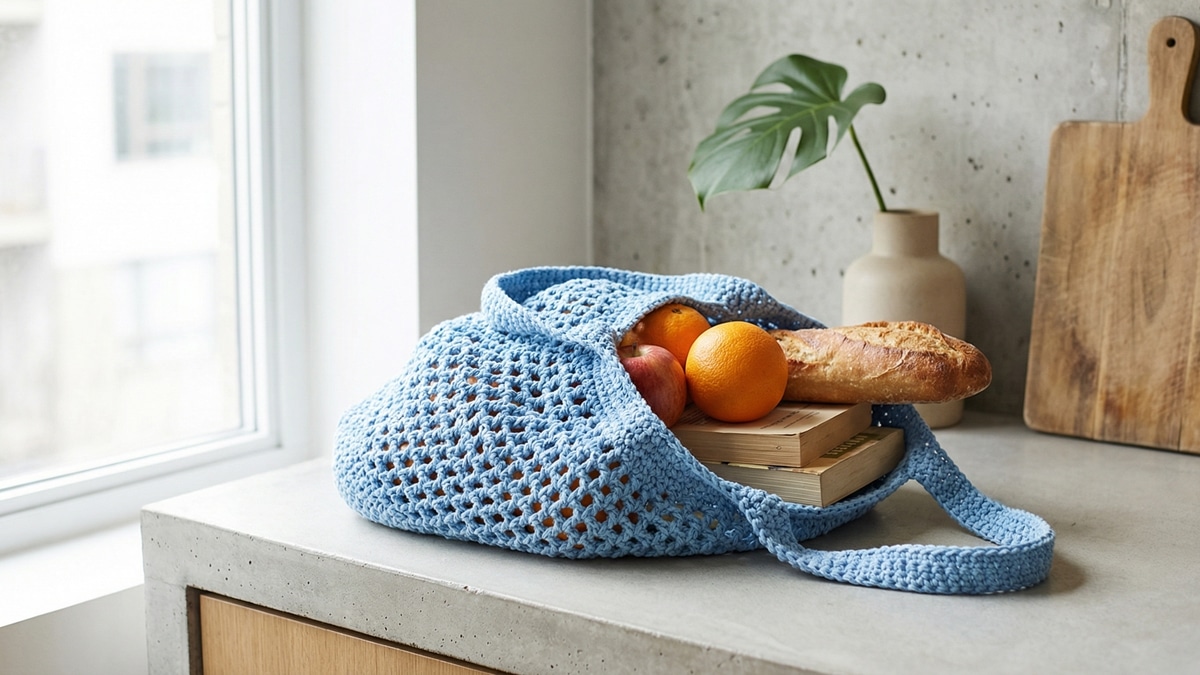 Market bag de croche artesanal em azul com trama vazada contendo frutas frescas e livros sobre superficie neutra em ambiente urbano minimalista com luz natural