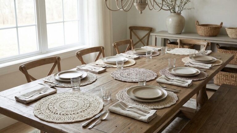 Mesa de jantar elegante com multiplos sousplats redondos de croche artesanal em tons neutros sob pratos de ceramica com luz natural e atmosfera acolhedora