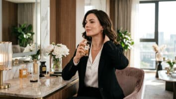 mulher aplicando perfume