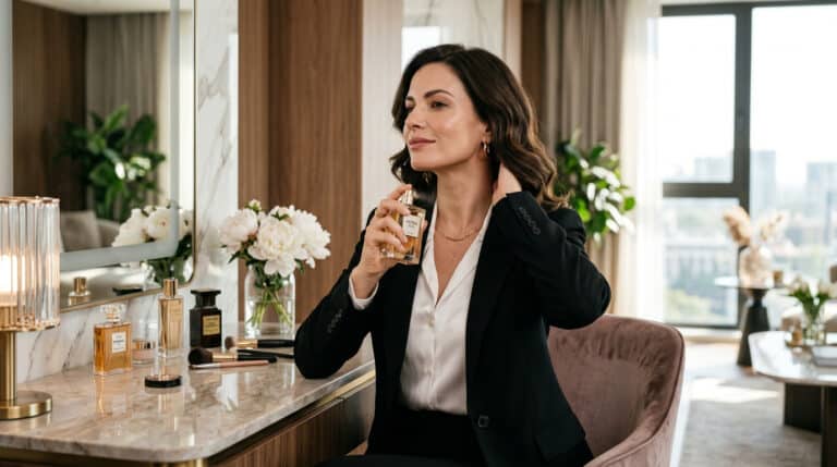 mulher aplicando perfume