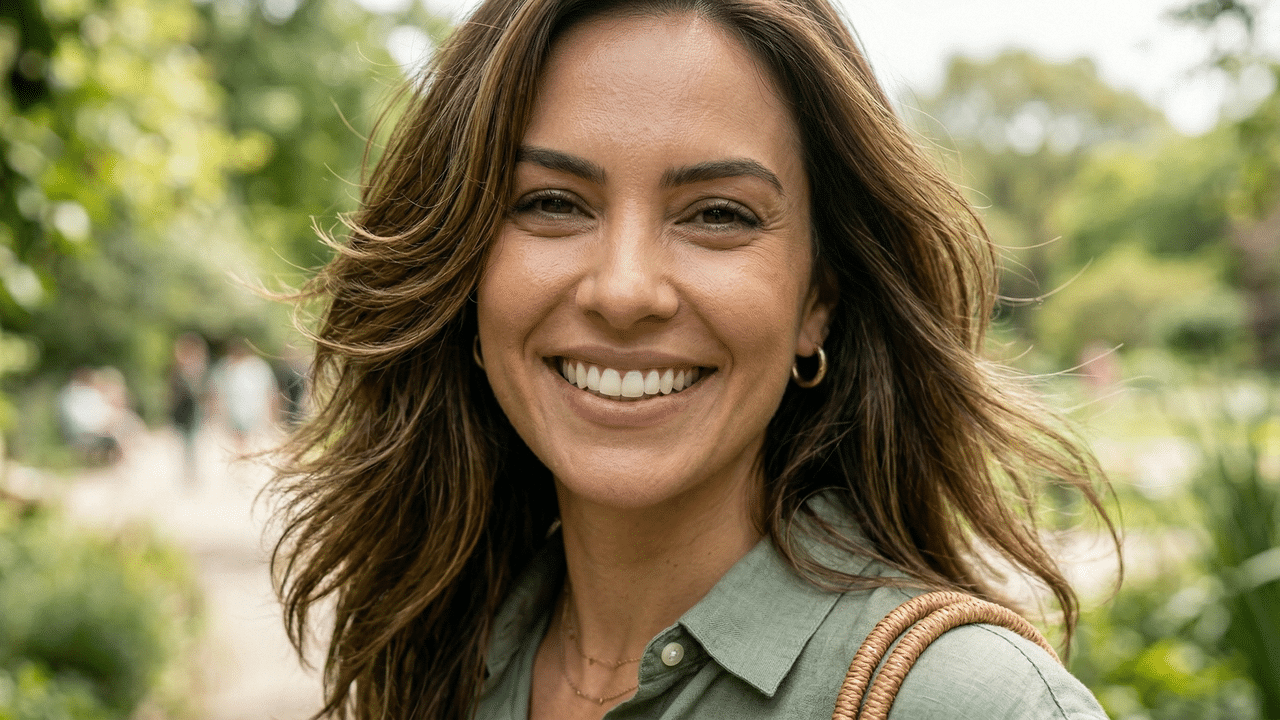 Mulher sorridente com cabelos em camadas
