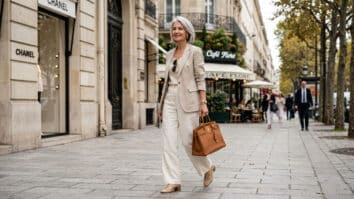 Mulher elegante caminha na rua