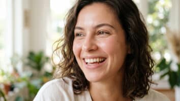 Mulher asorrindo com pele hidratada