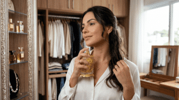 Mulher aplicando perfume