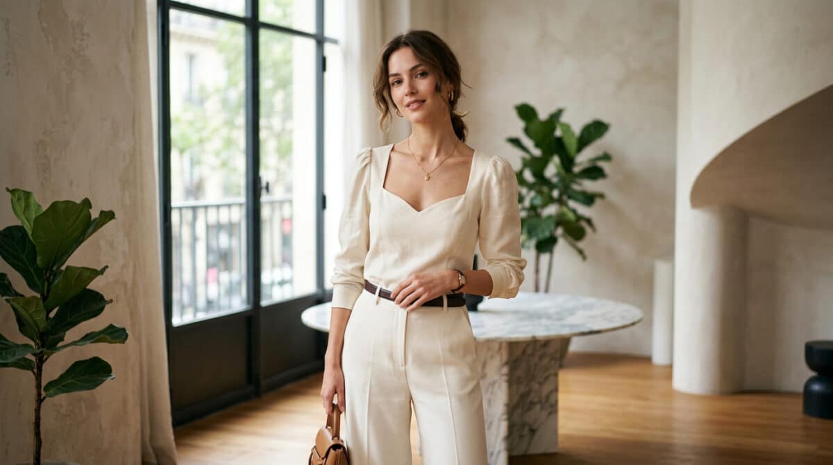 mulher com blusa com decote coração