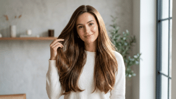Mulher com cabelo brilhante e longo