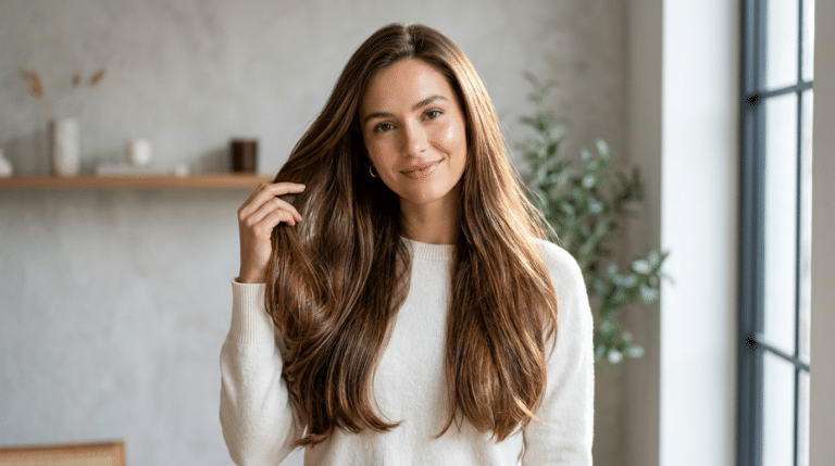 Mulher com cabelo brilhante e longo