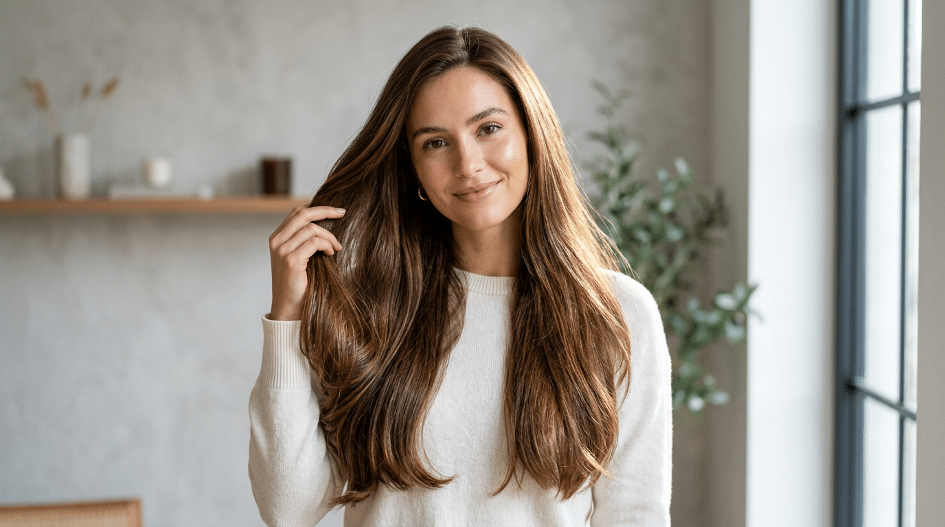 Mulher com cabelo brilhante e longo