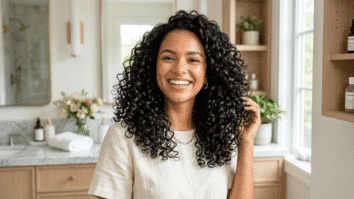 Mulher com cabelo cacheado sorrindo