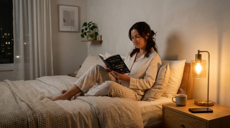 Mullher deitada na cama lendo um livro