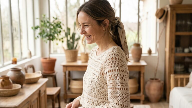 Cena completa de mulher sorrindo usando top de croche artesanal em ambiente iluminado com luz natural e decoracao acolhedora