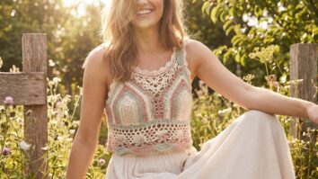 Mulher sorrindo usando cropped de croche boho artesanal com detalhes em lacework, em ambiente natural com luz suave
