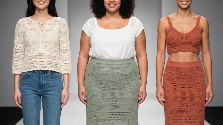 Tres mulheres com proporcoes corporais diferentes sorrindo usando pecas de croche artesanal de alta costura em cores variadas em cenario de passarela mostrando diversidade e sofisticacao