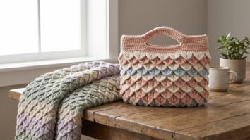Bolsa e manta artesanais em croche com ponto escama de crocodilo exibindo textura tridimensional em tons neutros