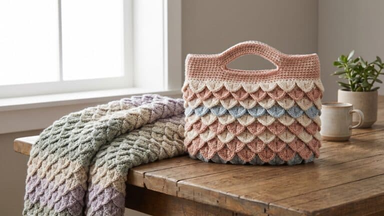 Bolsa e manta artesanais em croche com ponto escama de crocodilo exibindo textura tridimensional em tons neutros