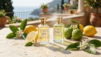 Perfumes cítricos com limão e bergamota transmitindo frescor ideal para dias quentes.