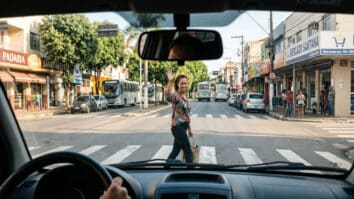 Pessoa acenando para carro que parou para ela atravessar a rua