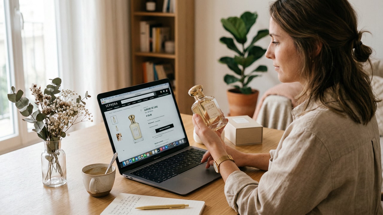 Mulher comparando perfume fisico com o site
