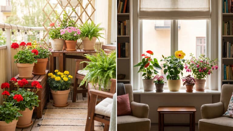 Plantas em vasos com flores vibrantes após uso de fertilizante caseiro natural.