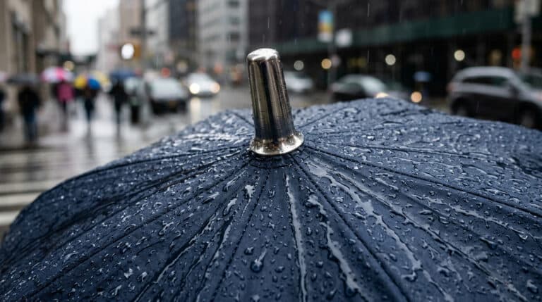 Ponta metálica do guarda-chuva com água escorrendo