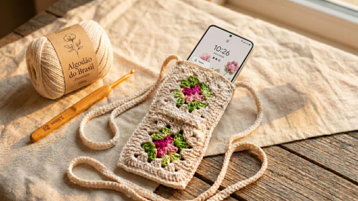 Porta-celular de crochê com squares em mesa com materiais de confecção