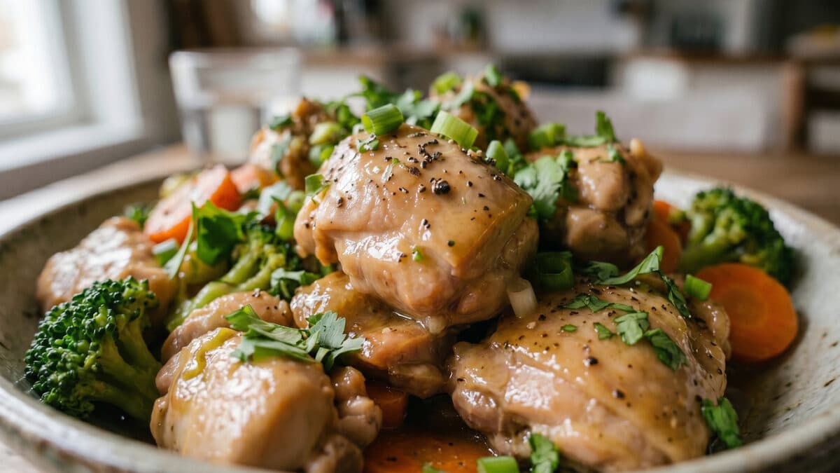 Close up no prato com frango e legumes