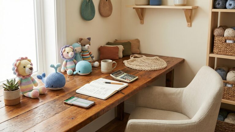 Mesa de trabalho organizada com produtos de croche artesanais, caderno de anotacoes, calculadora e smartphone, evidenciando precificacao profissional