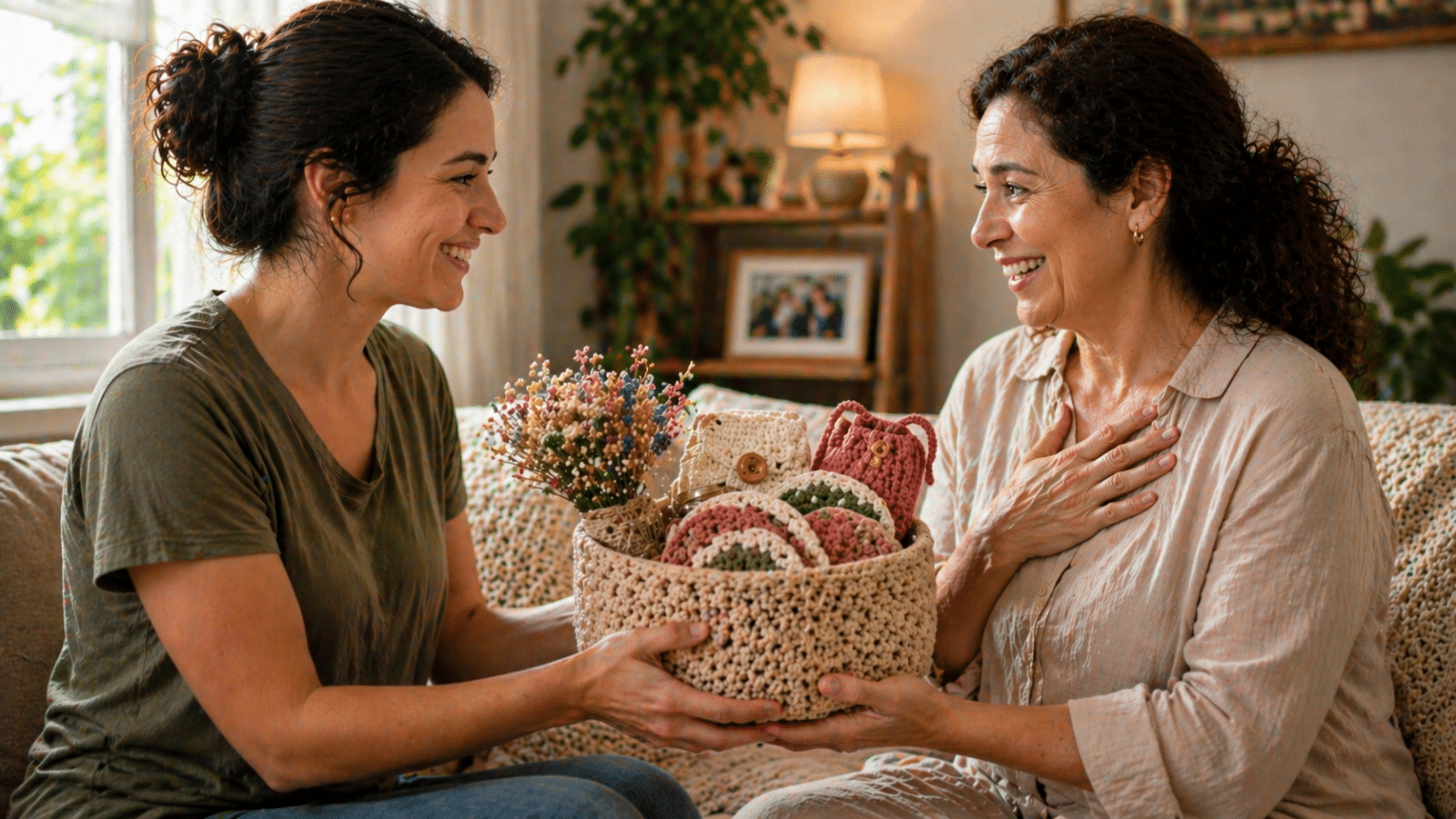presente de crochê sendo entregue para mãe com cesta artesanal em ambiente aconchegante