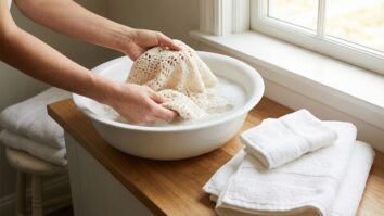 Maos lavando delicadamente peca de croche em bacia com agua e sabao suave, evidenciando cuidados de higienizacao e conservacao