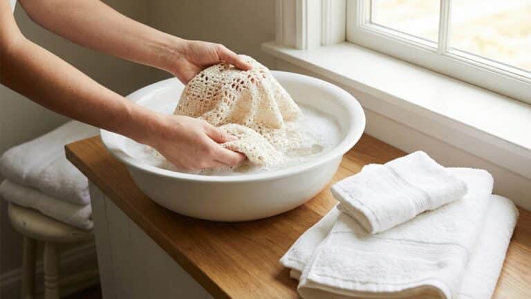 Maos lavando delicadamente peca de croche em bacia com agua e sabao suave, evidenciando cuidados de higienizacao e conservacao