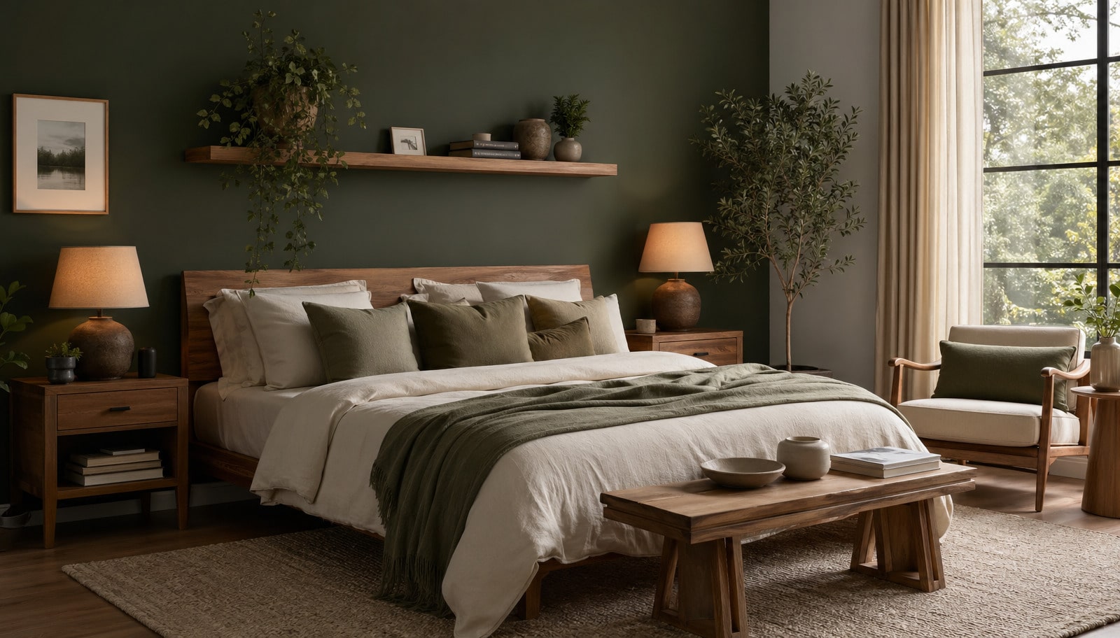 Quarto elegante com parede verde musgo criando ambiente relaxante e moderno.