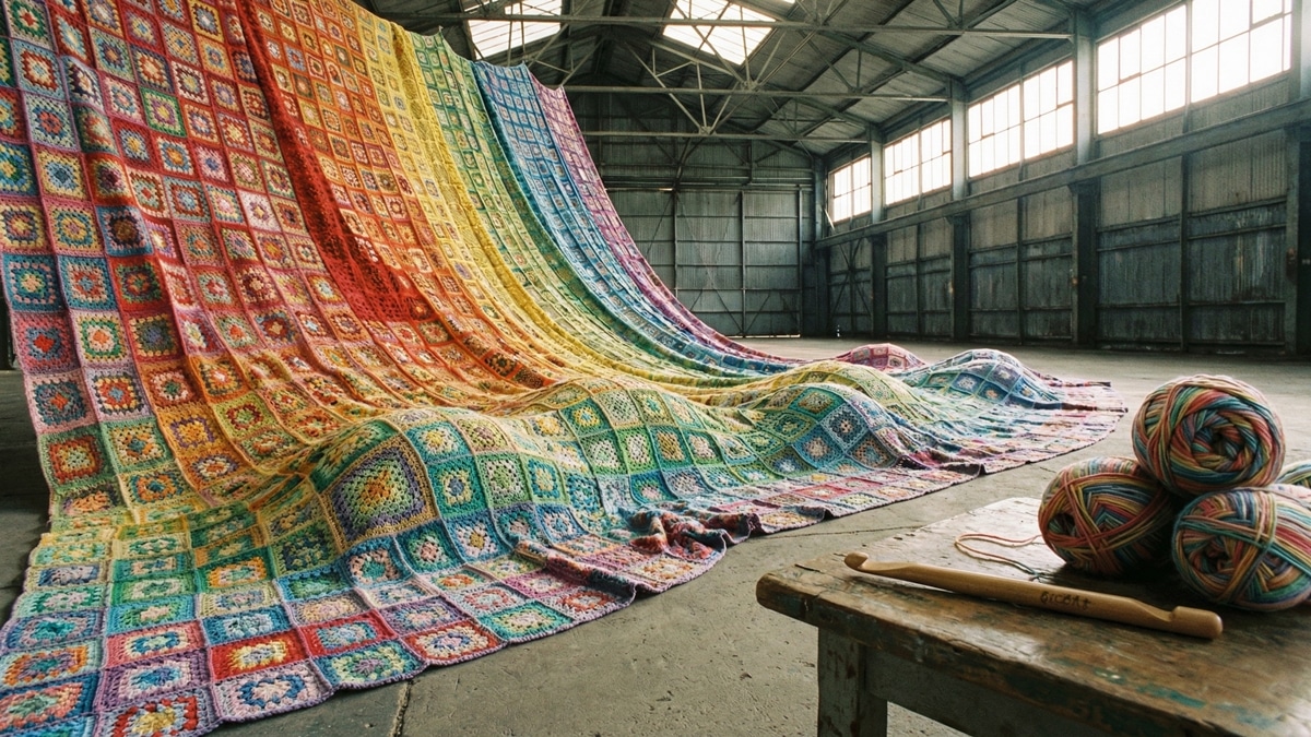 Peca gigante de croche colorida em dimensoes colossais representando recordes mundiais com textura artesanal detalhada em ambiente amplo e inspirador