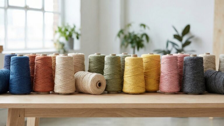 Diversos rolos de barbante de algodao em cores variadas como azul, terracota, bege, verde e rosa sobre superficie clara