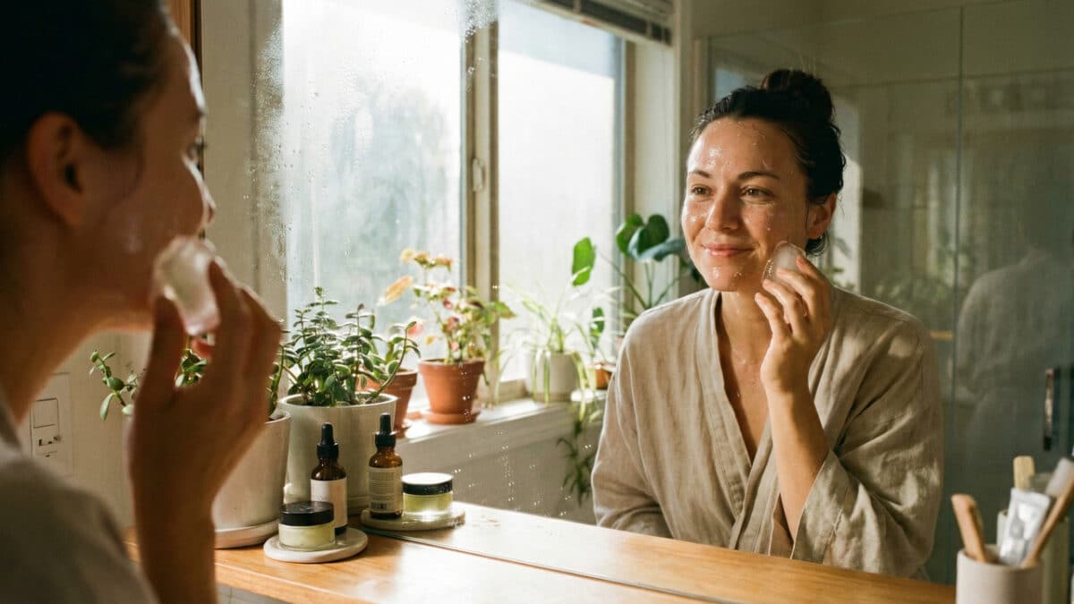 Skincare matinal com a mulher frente ao espelho aplicando o gelo de aloe vera.