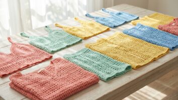 Pecas de roupa de croche para verao em cores charmosas como coral, verde menta e azul celeste, evidenciando textura leve e respiravel do algodao