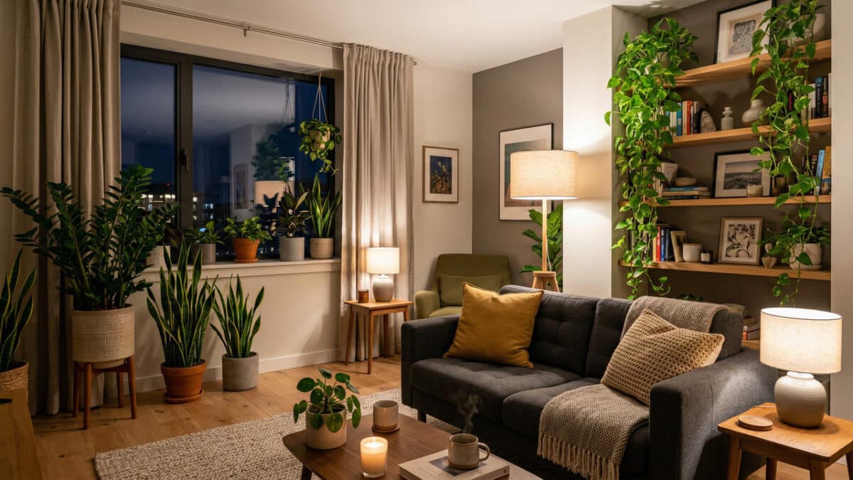 Sala organizada com plantas
