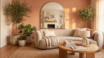 Sala moderna com parede terracota suave seguindo tendência de cores para decoração 2026.