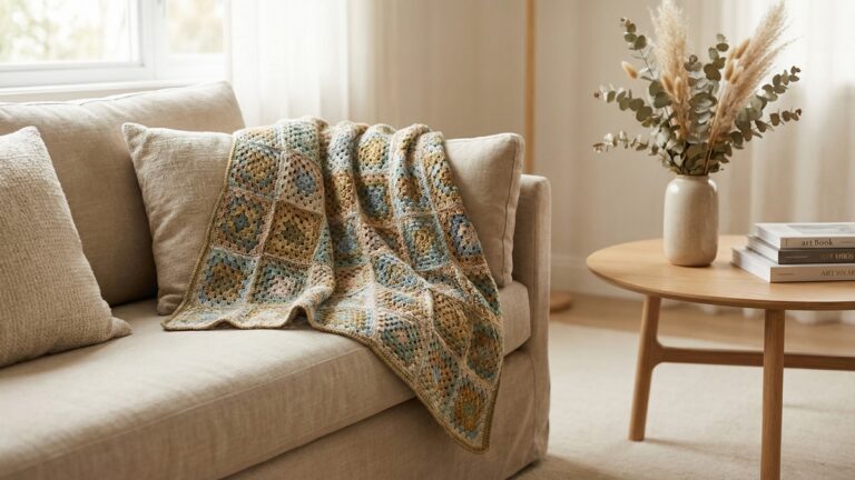 Sala de estar aconchegante com manta de croche artesanal em quadradinhos da vovo sobre sofa neutro, decoracao com almofadas de linho e flores secas
