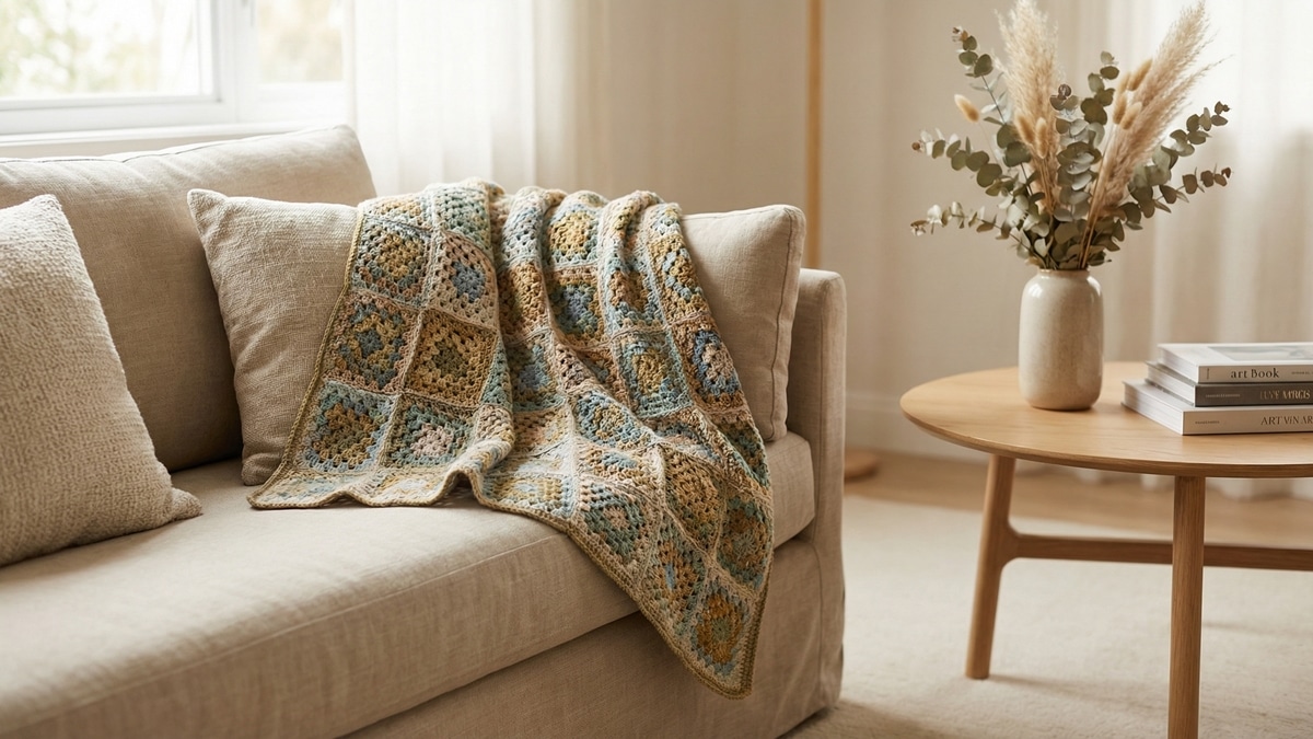 Sala de estar aconchegante com manta de croche artesanal em quadradinhos da vovo sobre sofa neutro, decoracao com almofadas de linho e flores secas