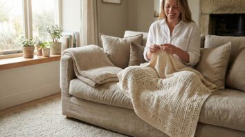 Sala de estar acolhedora com mulher sorrindo sentada em sofa crochetando peca elegante, luz natural suave e decoracao serena