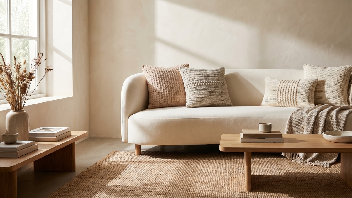 Sala de estar moderna com sofa minimalista decorado com almofadas de croche em tons neutros e luz natural