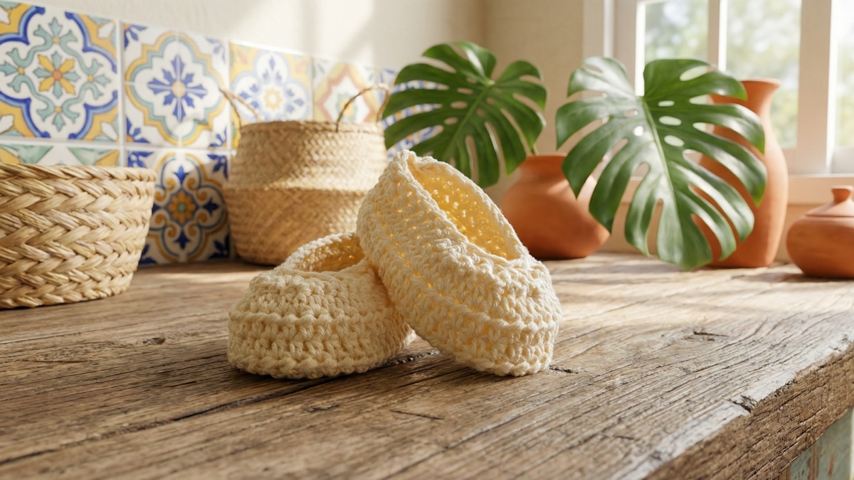 Sapatinhos de croche infantil em tom creme sobre superficie de madeira com decoracao brasileira ao fundo incluindo azulejos coloridos e folhagens tropicais