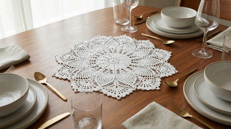 Sousplat de croche engomado e estruturado em mesa elegante com decoracao sofisticada e acabamento profissional