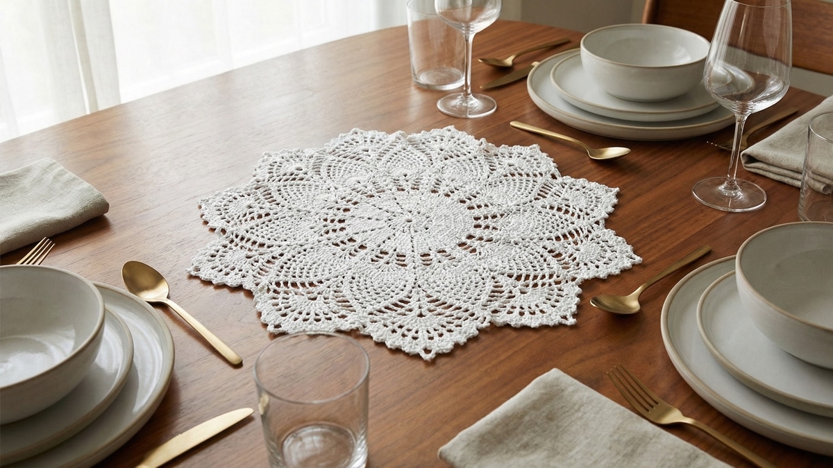 Sousplat de croche engomado e estruturado em mesa elegante com decoracao sofisticada e acabamento profissional