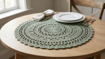 Mesa posta elegante com sousplat redondo de croche artesanal em verde sage louca branca e talheres sobre madeira clara em cena completa